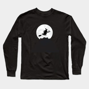 Witch riding a broom during full moon Long Sleeve T-Shirt